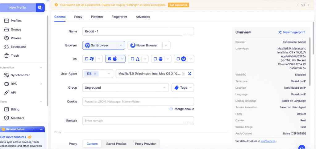 interface of the AdsPower anti-detect browser