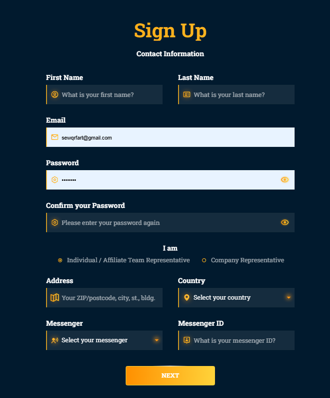 sign up page