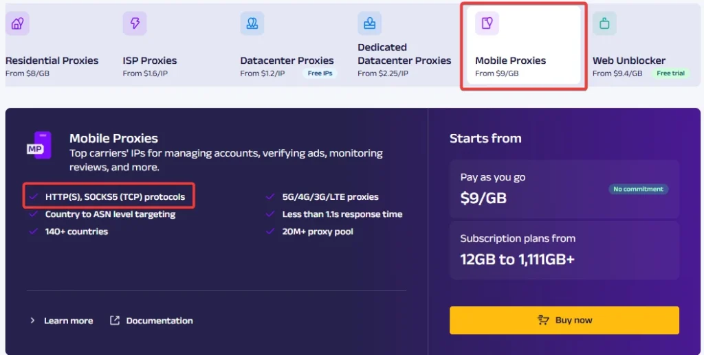 a screenshot from a mobile proxies provider for android