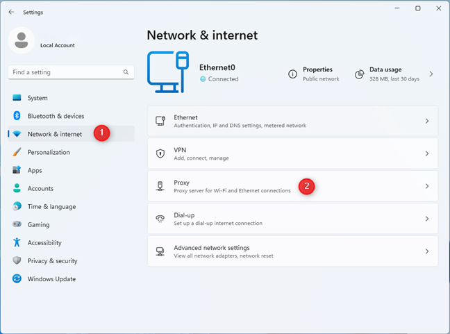 network and internet section of settings on windows