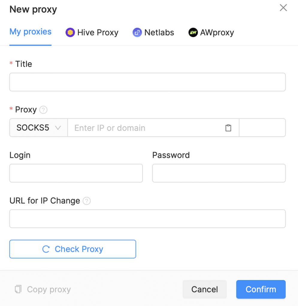 adding a new proxy in the anti-detect interface
