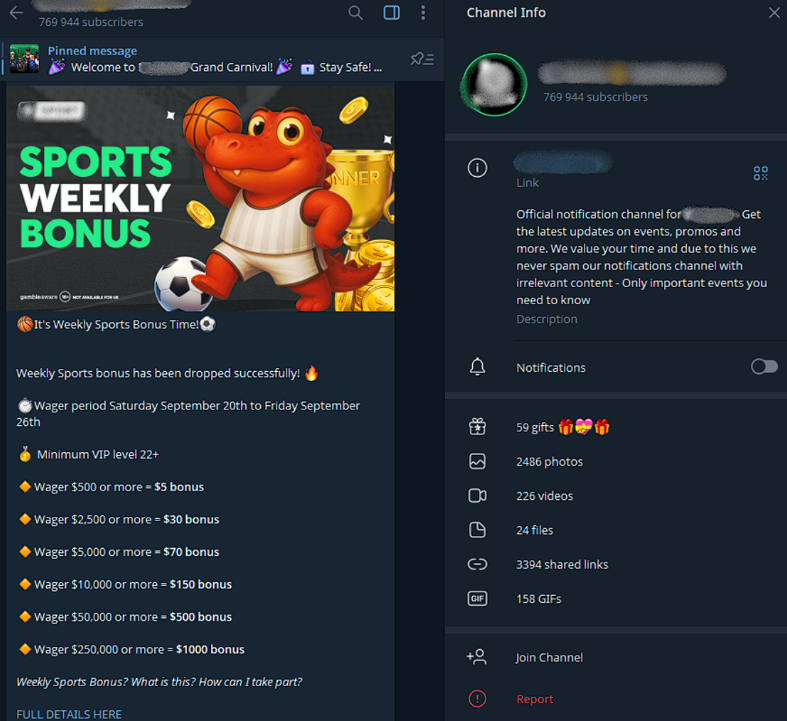 a telegram channel promoting casinos