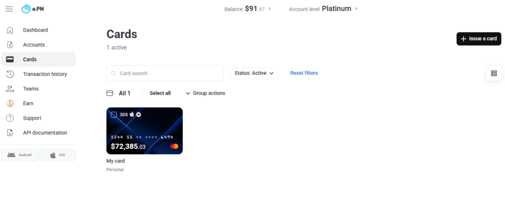 AffDays a section of the dashboard where you can issue a virtual card in e.pn