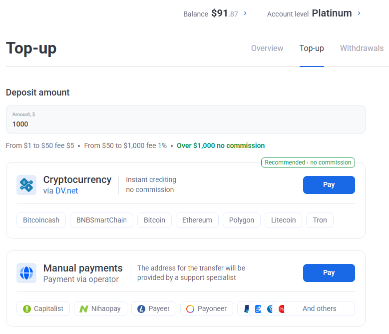 AffDays a section where you can top-up your balance