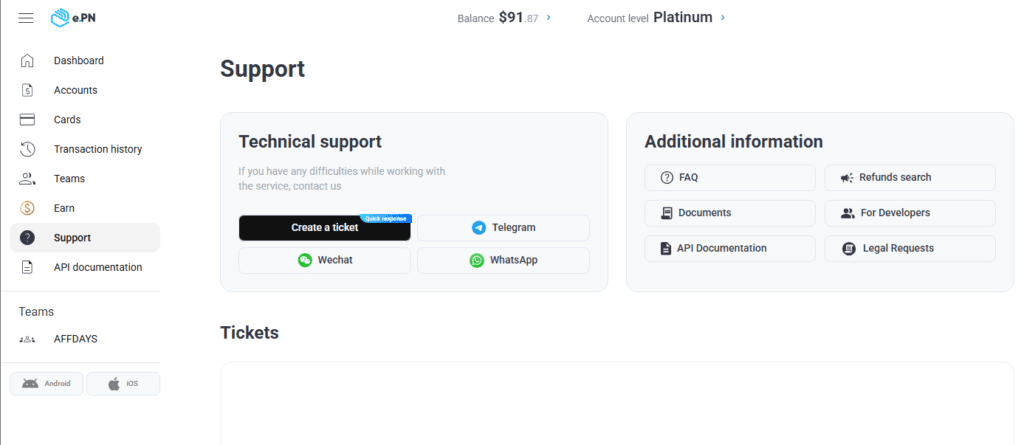 AffDays the support section