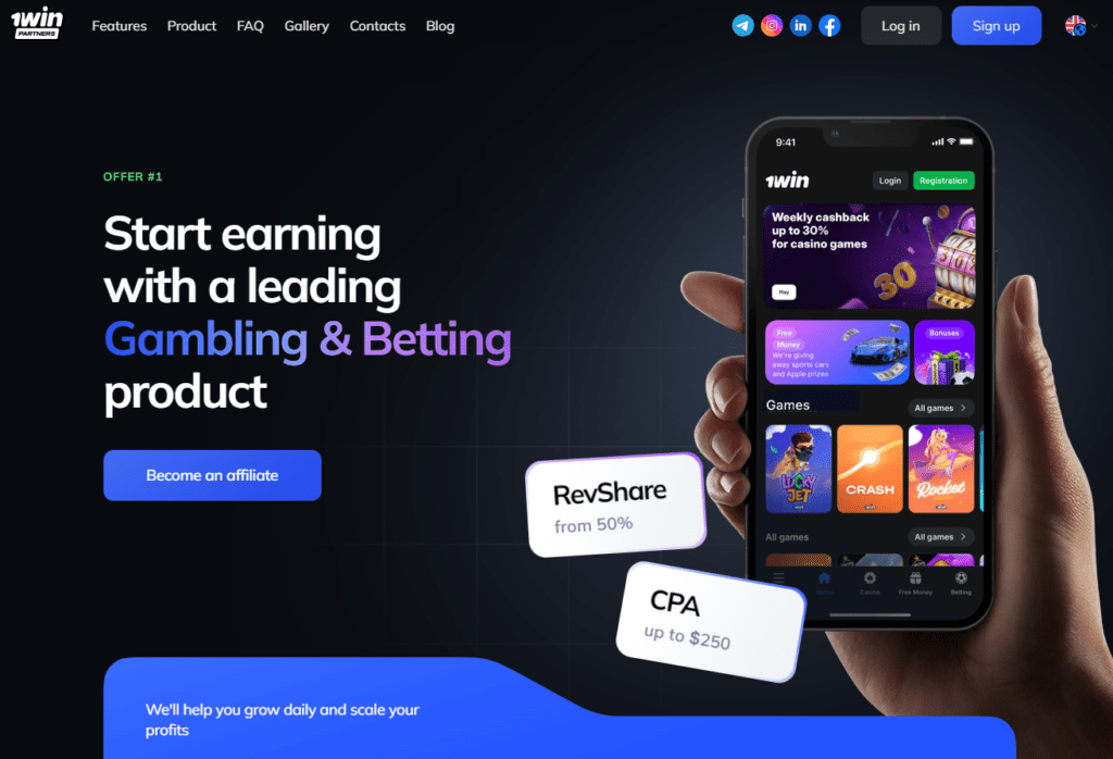 1win partners homepage screenshot