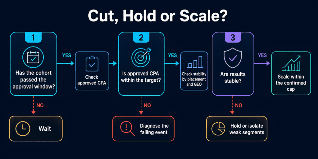 Decision process for cutting, holding, or scaling a crypto affiliate campaign based on approved CPA and stable results.