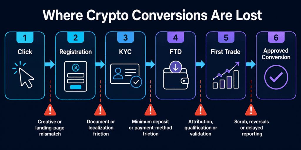 Crypto affiliate conversion funnel from click and registration to KYC, FTD and approval