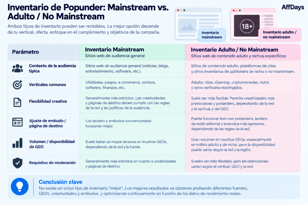 Comparación entre inventario popunder convencional y para adultos