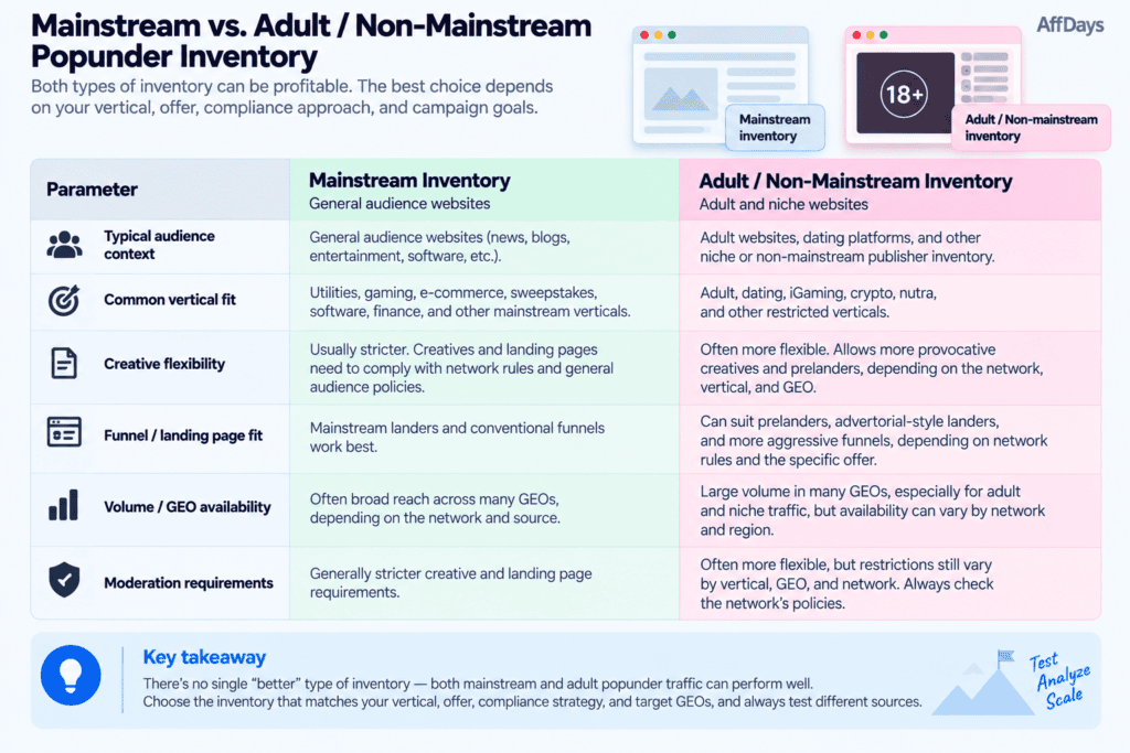 mainstream vs adult (non-mainstream) popunder inventory